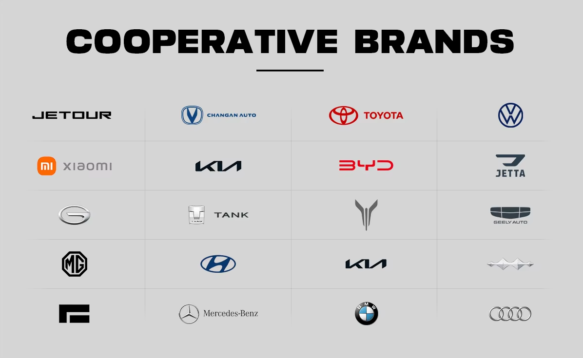 Cooperative brands — Jetour, Changan, Toyota, Volkswagen, Xiaomi, Kia, BYD, Jetta, GAC, Tank, Geely, MG, Hyundai, Mercedes-Benz, BMW, Audi, etc.